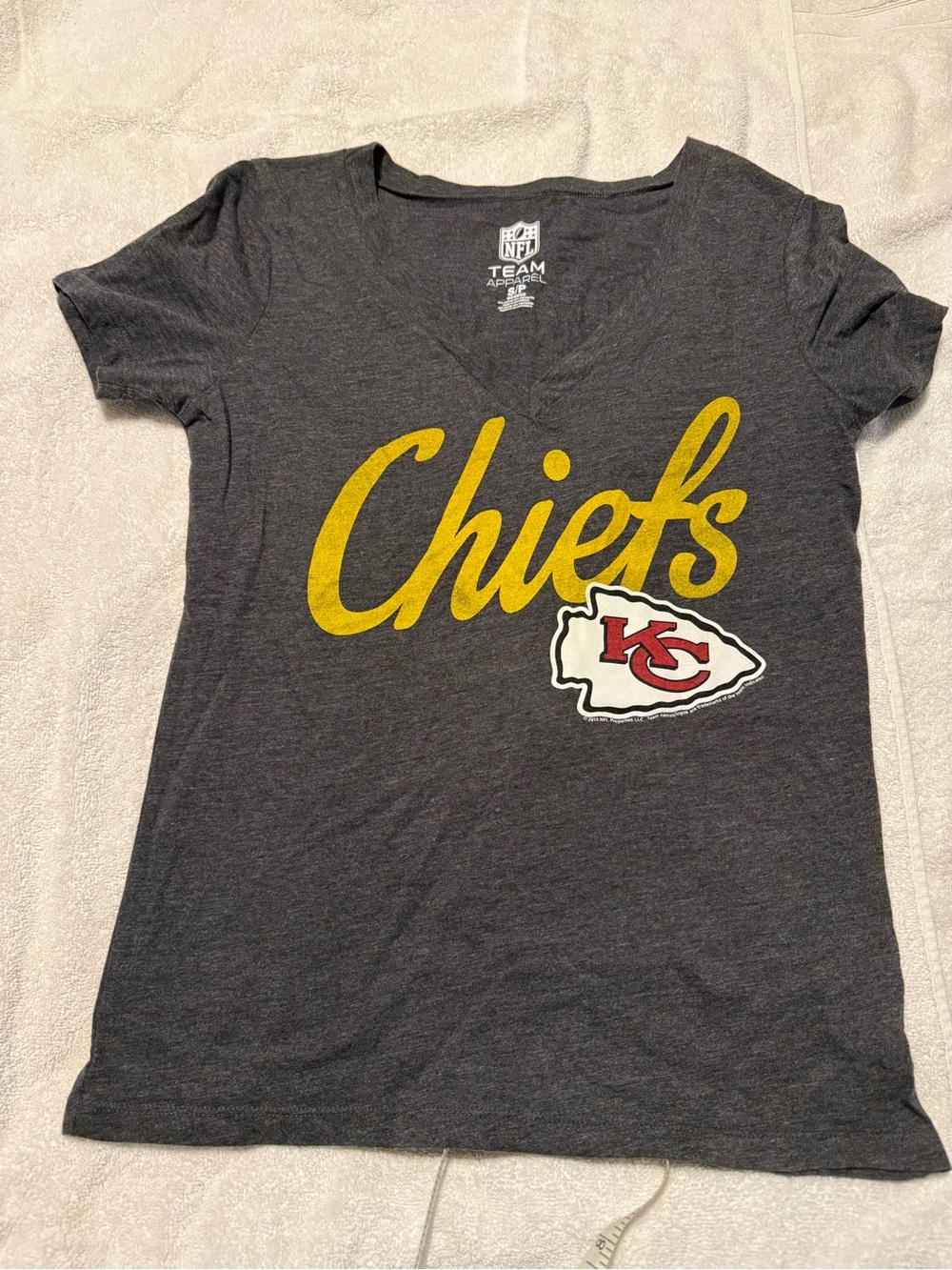 NFL Women's Gray V-Neck Chiefs Script Tee with Yellow Logo